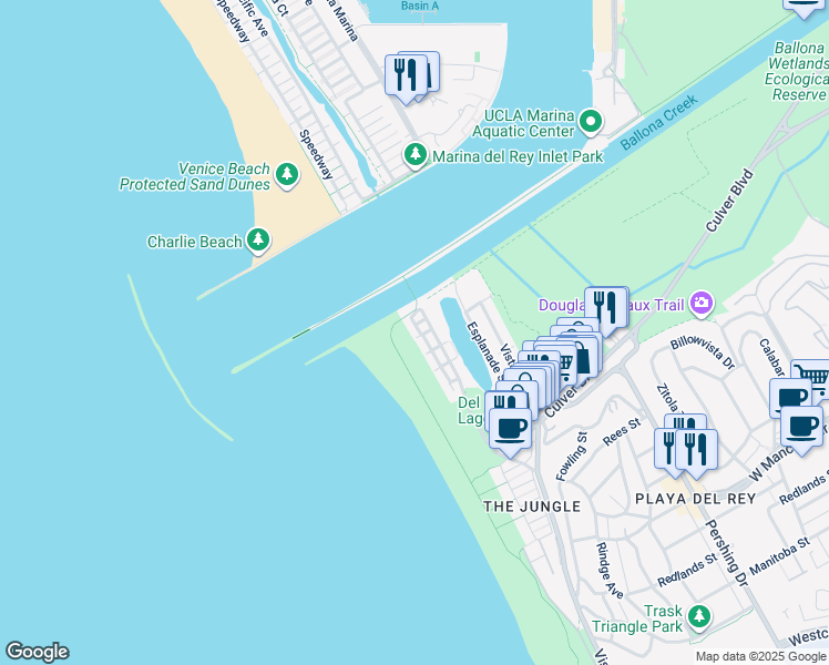 map of restaurants, bars, coffee shops, grocery stores, and more near 1 63rd Avenue in Los Angeles