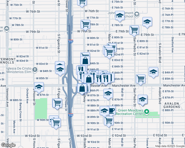 map of restaurants, bars, coffee shops, grocery stores, and more near 221 West 85th Street in Los Angeles