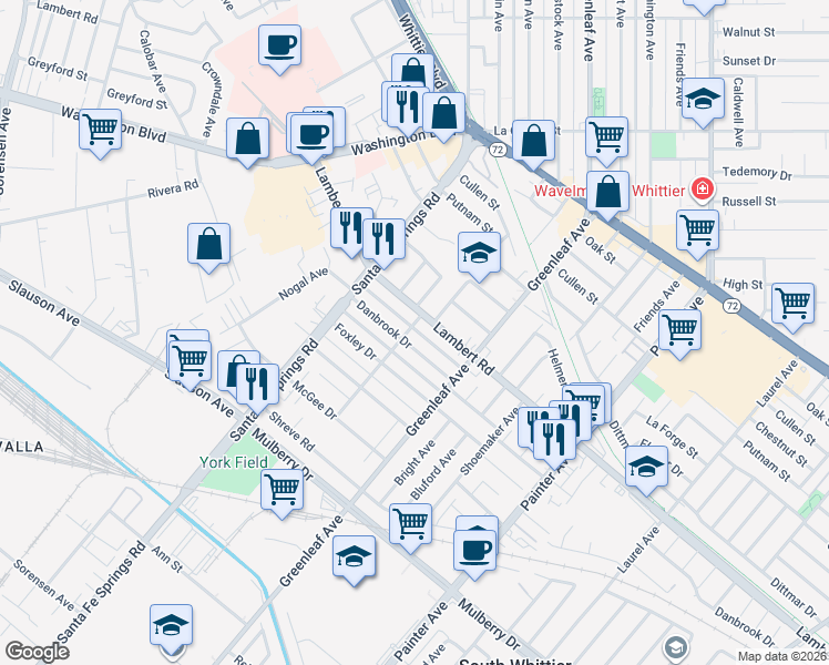 map of restaurants, bars, coffee shops, grocery stores, and more near 8720 Villa Drive in Whittier