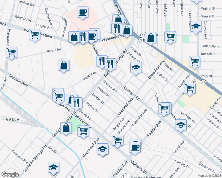 map of restaurants, bars, coffee shops, grocery stores, and more near 12716 Danbrook Drive in Whittier