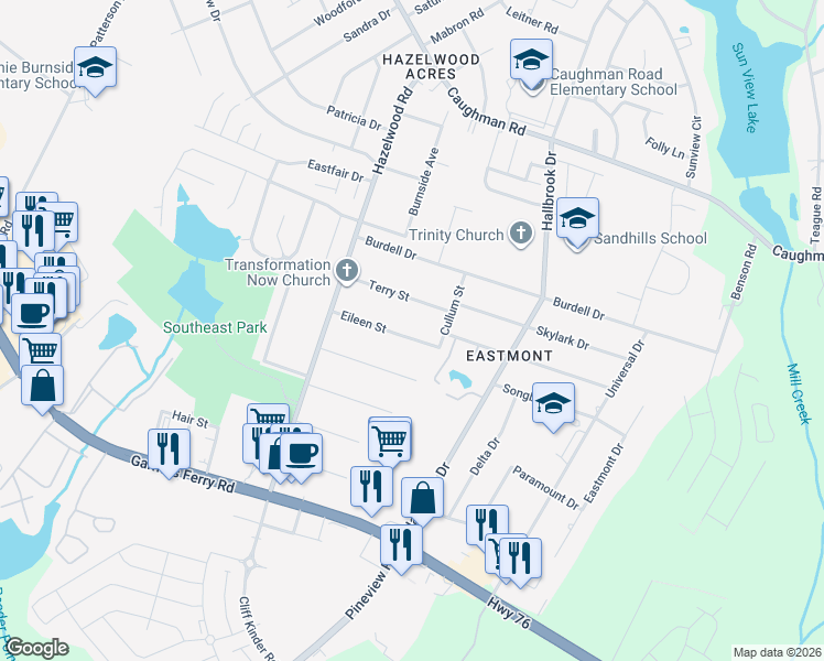 map of restaurants, bars, coffee shops, grocery stores, and more near 7627 Eileen Street in Columbia