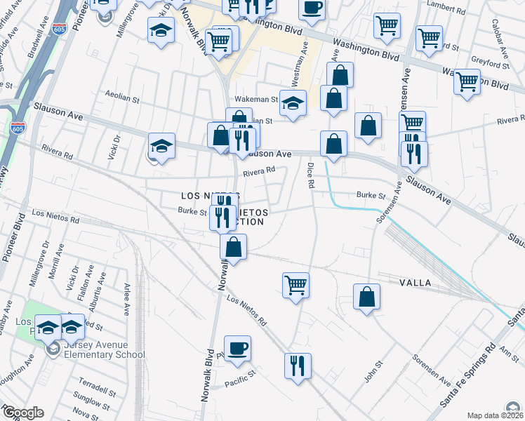 map of restaurants, bars, coffee shops, grocery stores, and more near 11641 Burke Street in Whittier