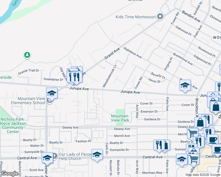 map of restaurants, bars, coffee shops, grocery stores, and more near 4881 Jurupa Avenue in Riverside