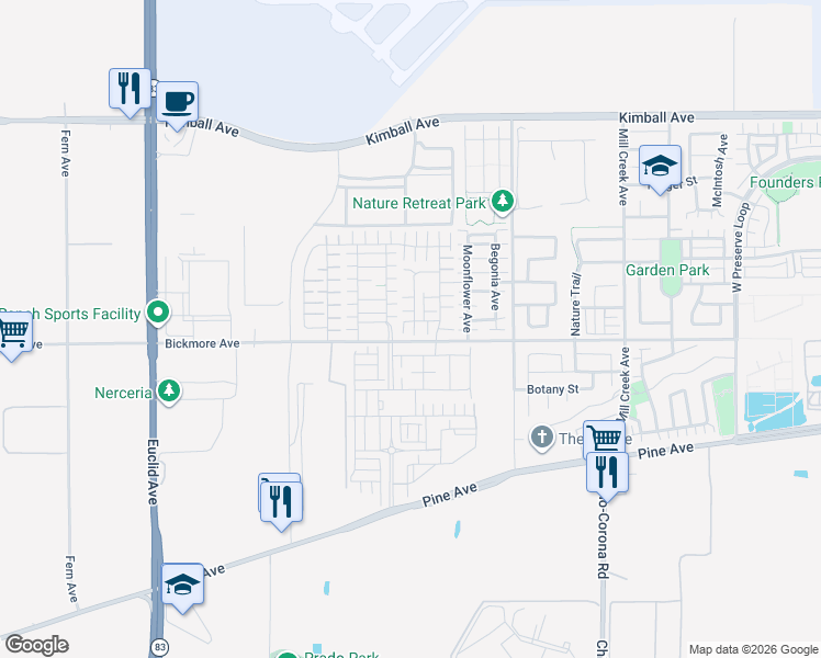 map of restaurants, bars, coffee shops, grocery stores, and more near 7535 Spitfire Street in Chino