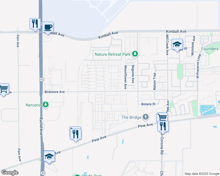 map of restaurants, bars, coffee shops, grocery stores, and more near 7535 Spitfire Street in Chino