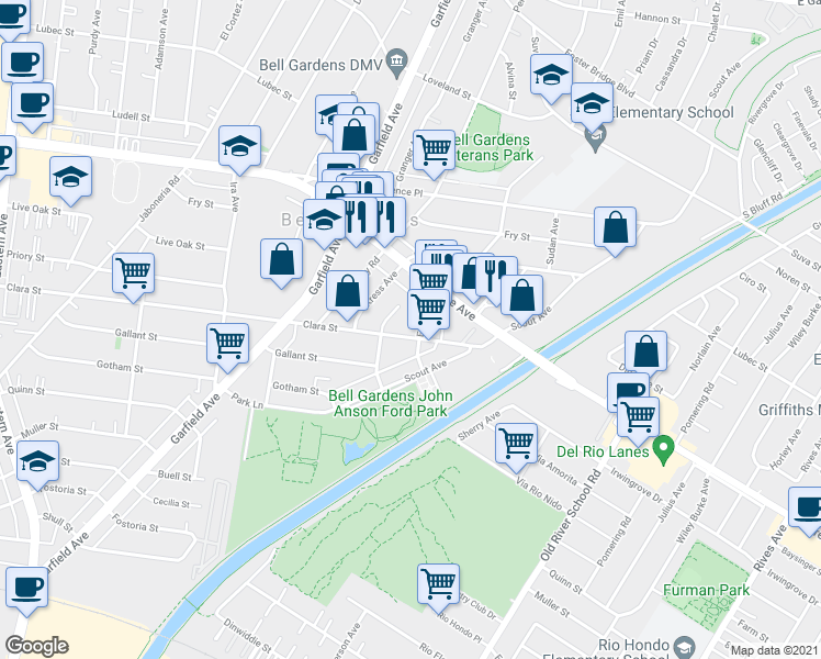 map of restaurants, bars, coffee shops, grocery stores, and more near 7653 Emil Avenue in Bell Gardens
