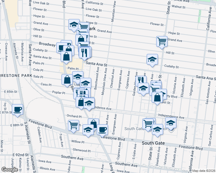 map of restaurants, bars, coffee shops, grocery stores, and more near 2917 Liberty Boulevard in South Gate