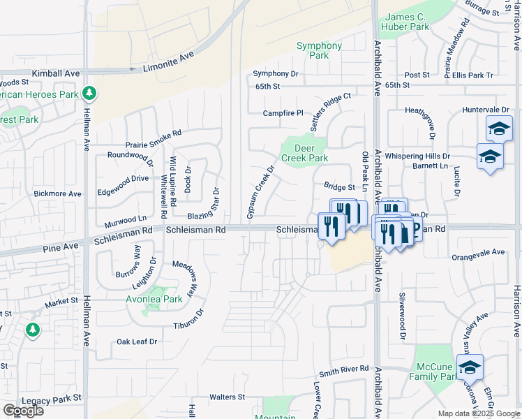 map of restaurants, bars, coffee shops, grocery stores, and more near 6981 Boulder Creek Drive in Corona