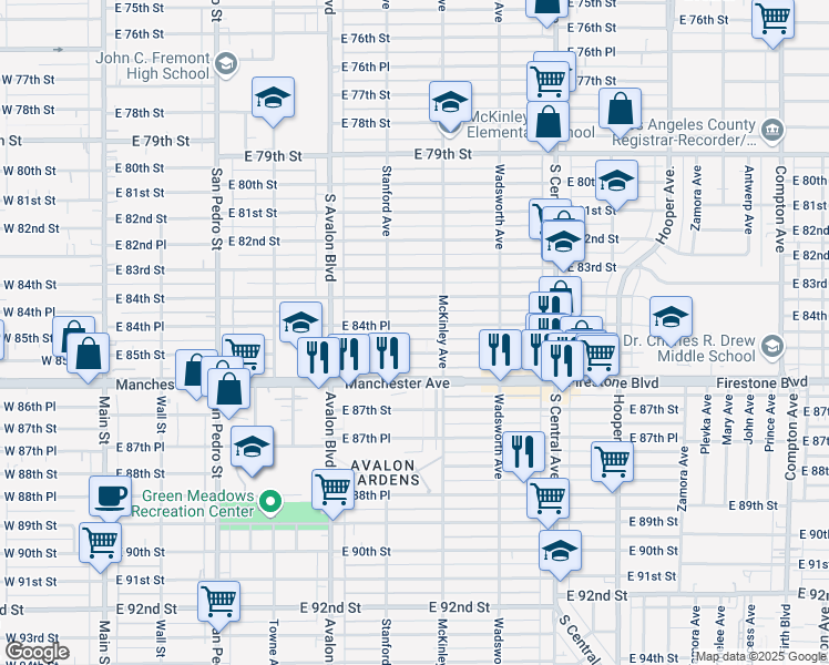 map of restaurants, bars, coffee shops, grocery stores, and more near 728 East 84th Place in Los Angeles