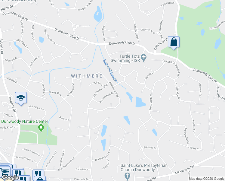 map of restaurants, bars, coffee shops, grocery stores, and more near 1584 Summerset Drive in Dunwoody
