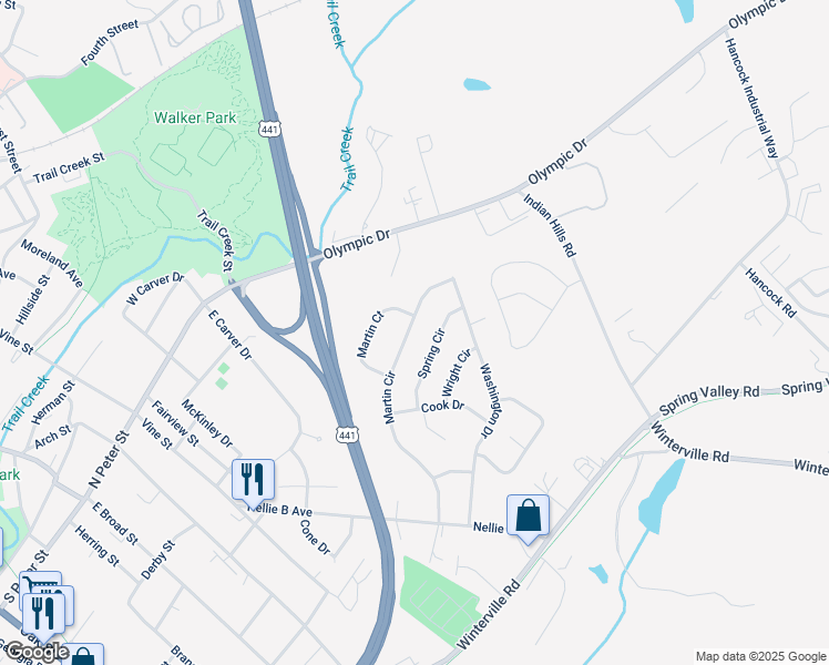 map of restaurants, bars, coffee shops, grocery stores, and more near 420 Martin Circle in Athens