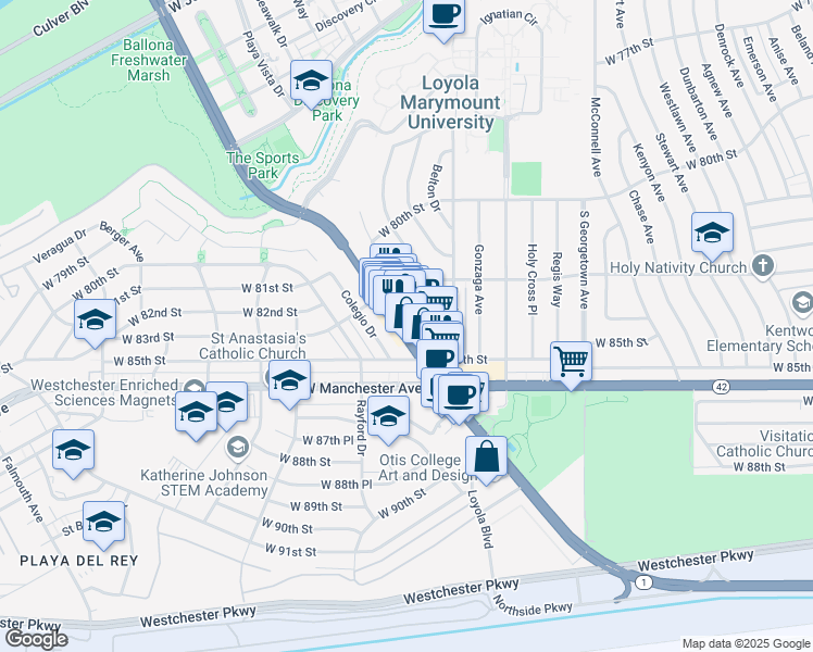 map of restaurants, bars, coffee shops, grocery stores, and more near 8340 California 1 in Los Angeles