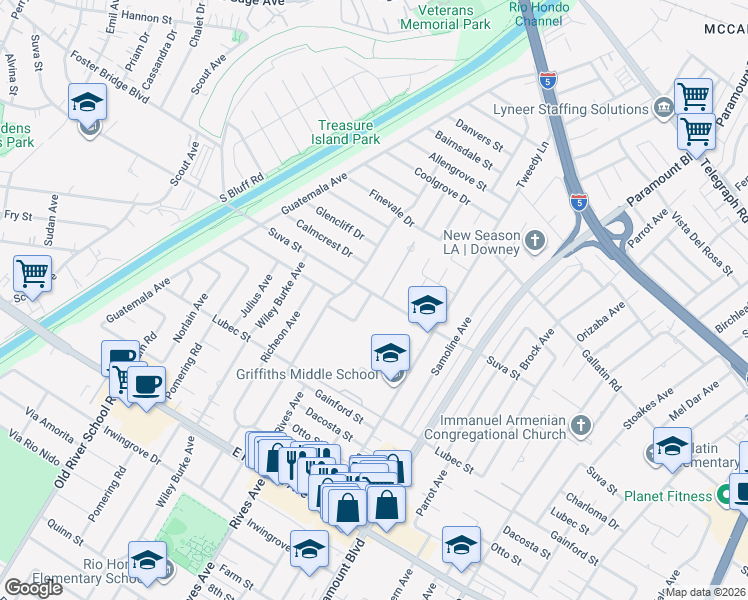 map of restaurants, bars, coffee shops, grocery stores, and more near 9502 Rives Avenue in Downey
