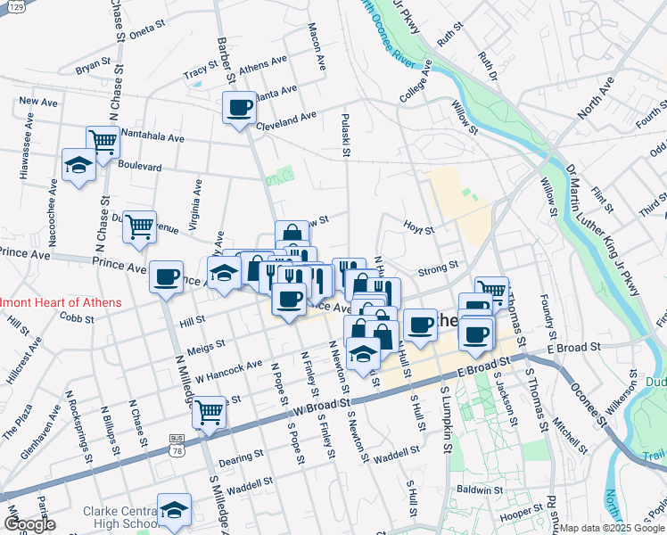 map of restaurants, bars, coffee shops, grocery stores, and more near 541 Pulaski Street in Athens