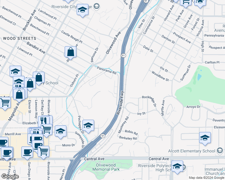 map of restaurants, bars, coffee shops, grocery stores, and more near 3068 Panorama Road in Riverside
