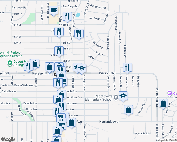 map of restaurants, bars, coffee shops, grocery stores, and more near 66770 Pierson Boulevard in Desert Hot Springs