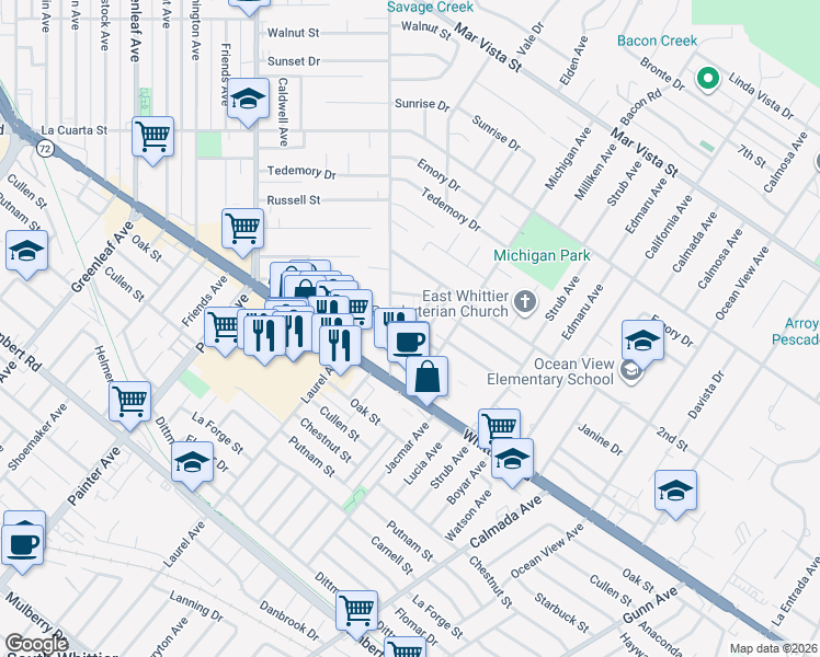 map of restaurants, bars, coffee shops, grocery stores, and more near 13902 High Street in Whittier
