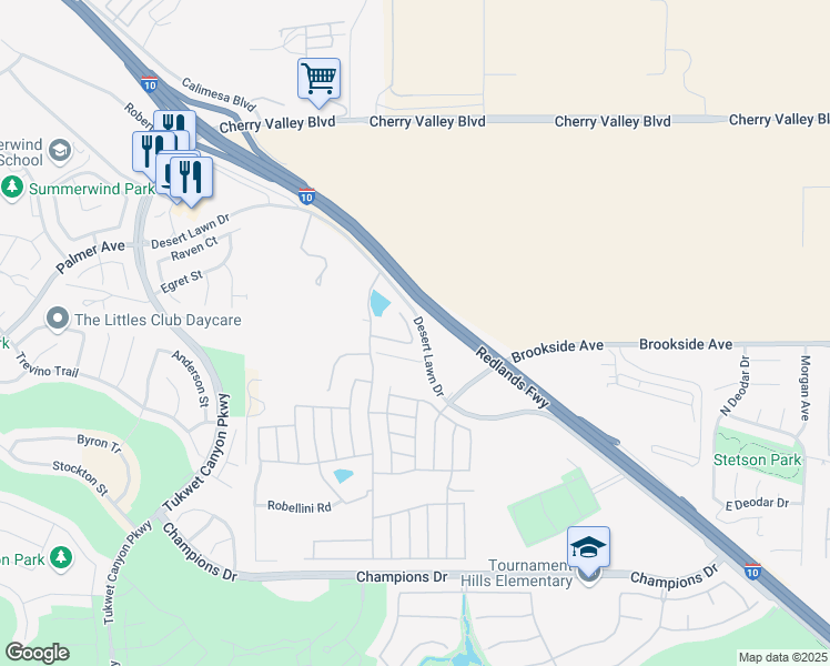 map of restaurants, bars, coffee shops, grocery stores, and more near 10961 Desert Lawn Drive in Calimesa
