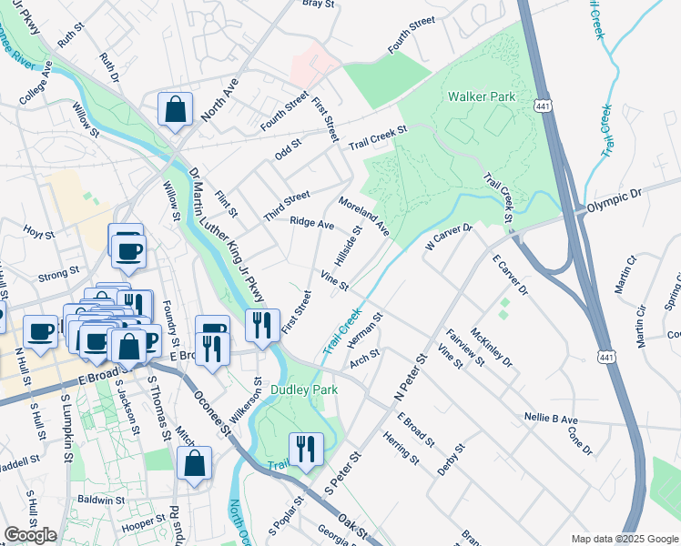 map of restaurants, bars, coffee shops, grocery stores, and more near 100 Hillside Street in Athens