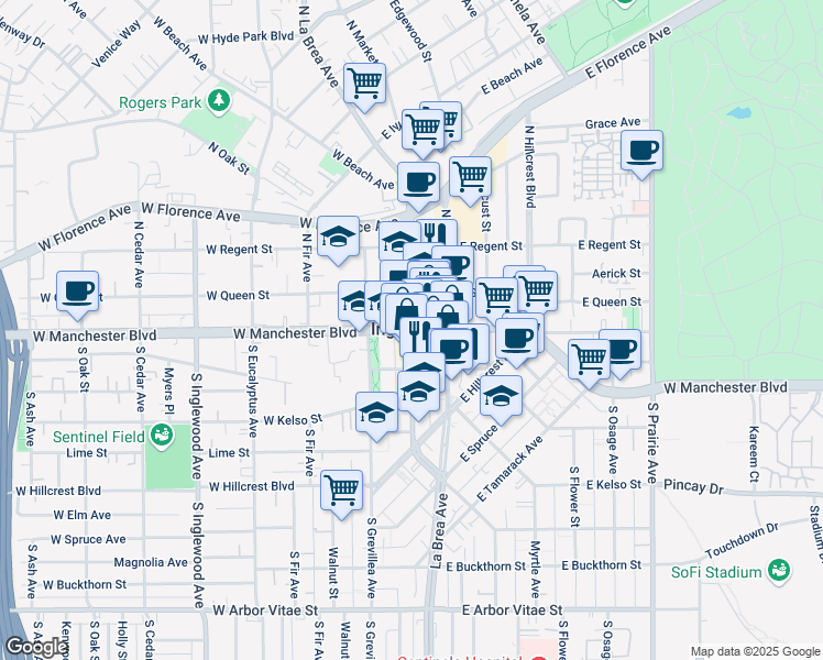 map of restaurants, bars, coffee shops, grocery stores, and more near South La Brea Ave & E Manchester Blvd in Inglewood
