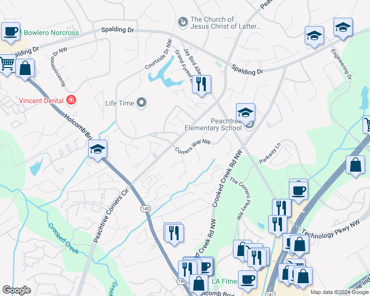 map of restaurants, bars, coffee shops, grocery stores, and more near 3673 Corners Way Northwest in Norcross