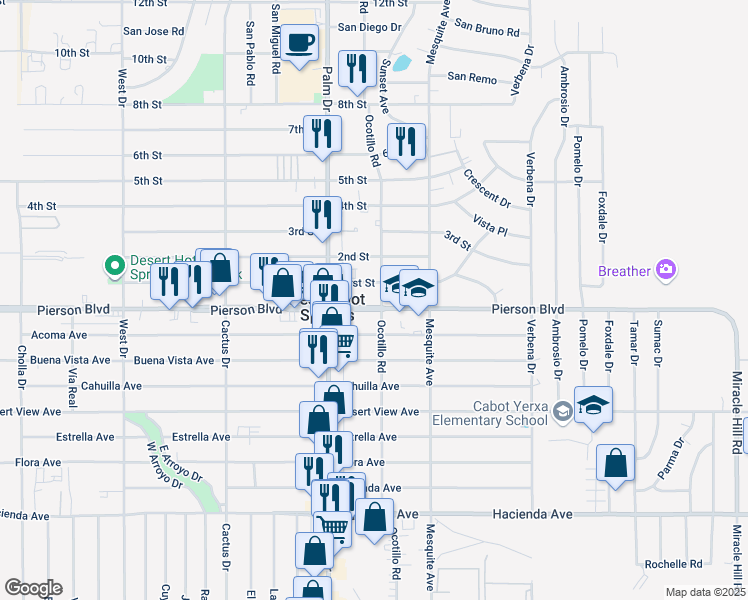 map of restaurants, bars, coffee shops, grocery stores, and more near 66620 Pierson Boulevard in Desert Hot Springs