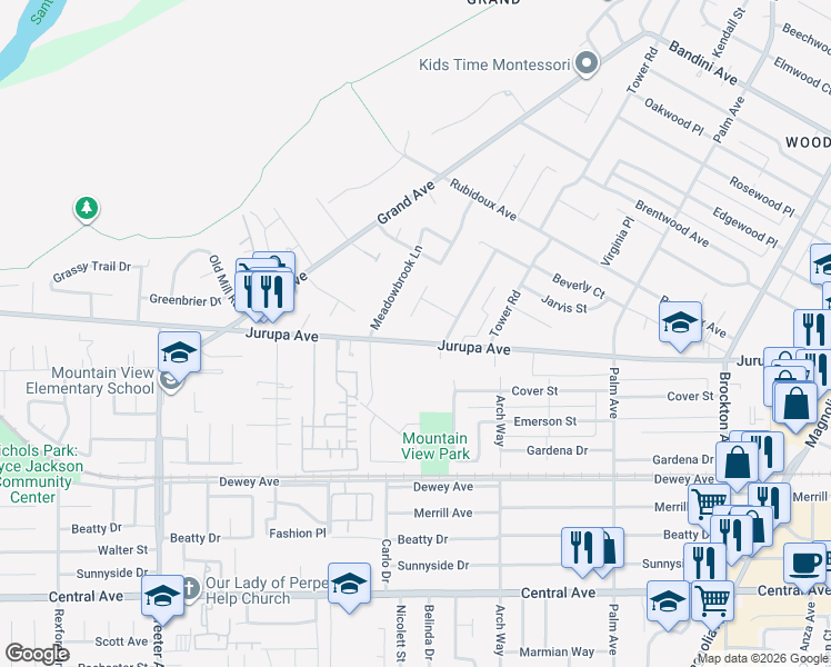 map of restaurants, bars, coffee shops, grocery stores, and more near 4851 Jurupa Avenue in Riverside