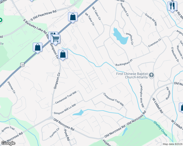 map of restaurants, bars, coffee shops, grocery stores, and more near 4250 Sunny Oak Place in Norcross