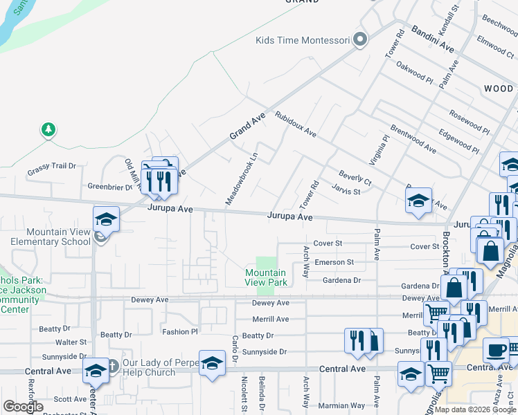 map of restaurants, bars, coffee shops, grocery stores, and more near 4816 Jurupa Avenue in Riverside