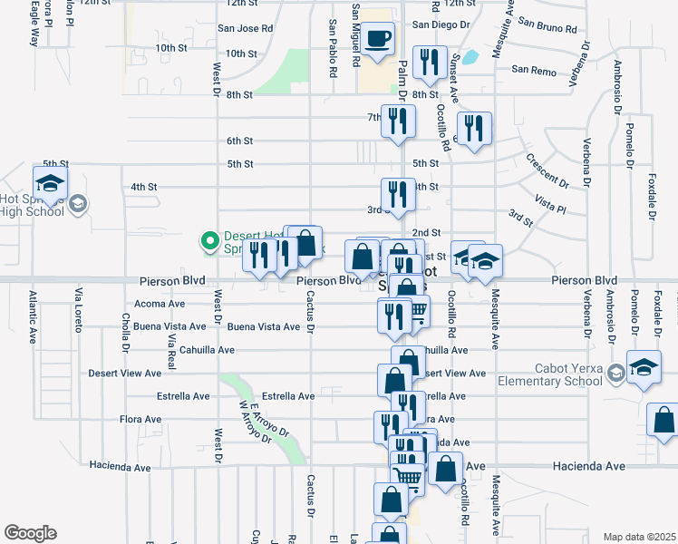map of restaurants, bars, coffee shops, grocery stores, and more near 66328 Pierson Boulevard in Desert Hot Springs