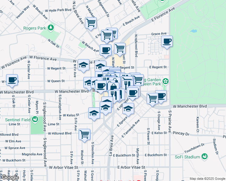 map of restaurants, bars, coffee shops, grocery stores, and more near E Manchester Blvd & S Market St in Inglewood