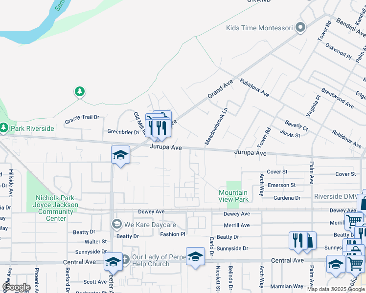 map of restaurants, bars, coffee shops, grocery stores, and more near 4985 Jurupa Avenue in Riverside