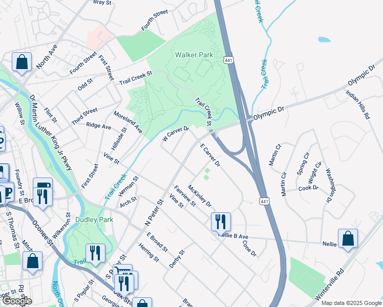 map of restaurants, bars, coffee shops, grocery stores, and more near 530 North Peter Street in Athens