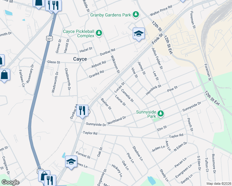 map of restaurants, bars, coffee shops, grocery stores, and more near 2305 Laurie Street in Cayce
