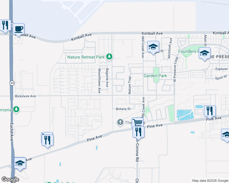 map of restaurants, bars, coffee shops, grocery stores, and more near 16081 Rincon Meadows Avenue in Chino