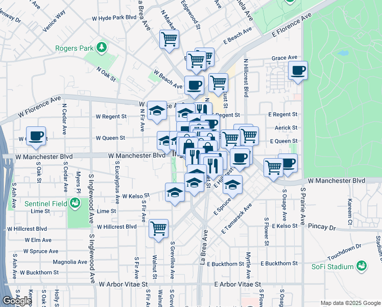 map of restaurants, bars, coffee shops, grocery stores, and more near 201 North La Brea Avenue in Inglewood