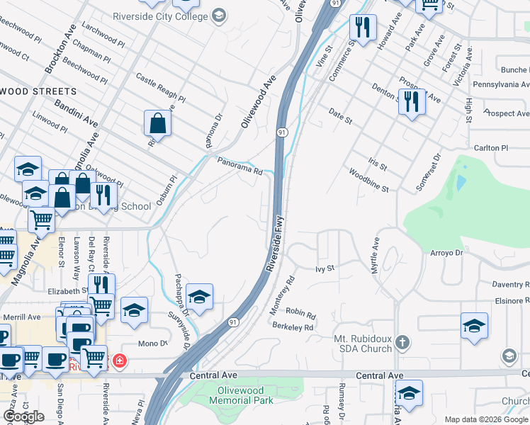 map of restaurants, bars, coffee shops, grocery stores, and more near 3076 Panorama Road in Riverside