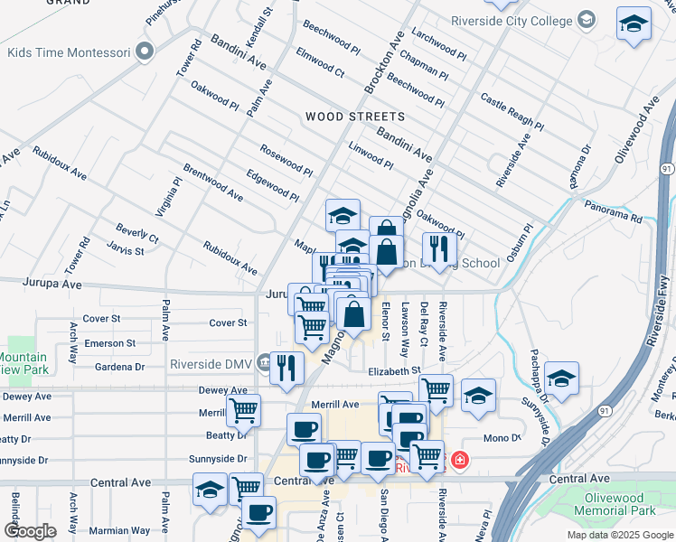 map of restaurants, bars, coffee shops, grocery stores, and more near 5928 Birch Street in Riverside