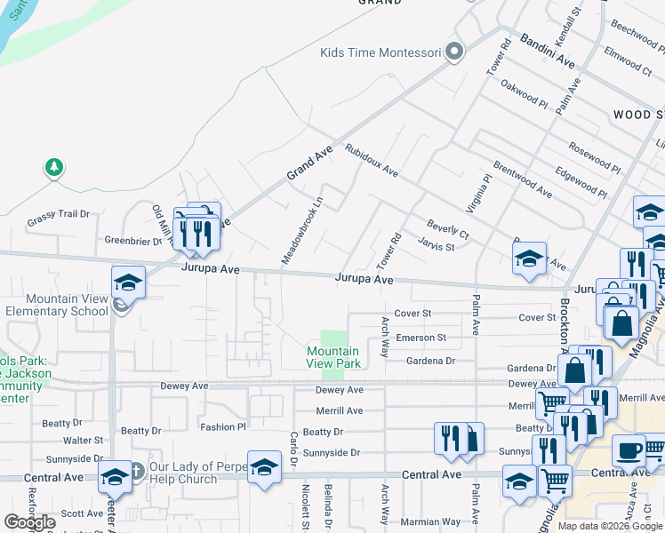 map of restaurants, bars, coffee shops, grocery stores, and more near 4816 Jurupa Avenue in Riverside