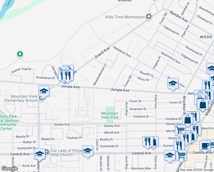 map of restaurants, bars, coffee shops, grocery stores, and more near 4816 Jurupa Avenue in Riverside