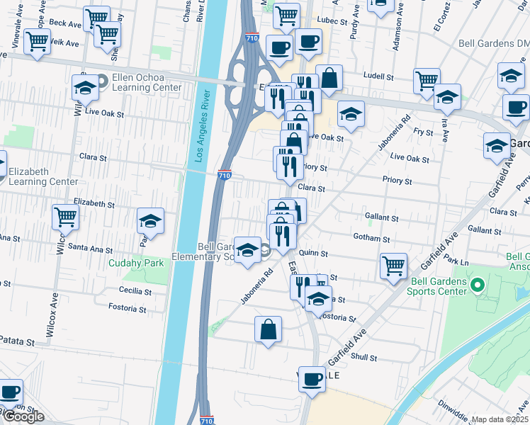 map of restaurants, bars, coffee shops, grocery stores, and more near 5629 Gotham Street in Bell Gardens