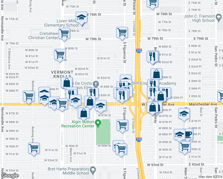 map of restaurants, bars, coffee shops, grocery stores, and more near 535 West 85th Street in Los Angeles
