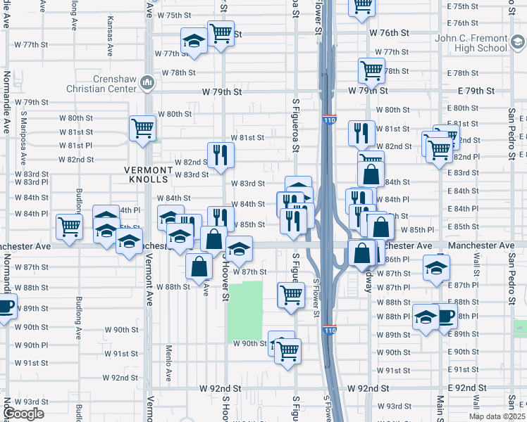 map of restaurants, bars, coffee shops, grocery stores, and more near 535 West 85th Street in Los Angeles