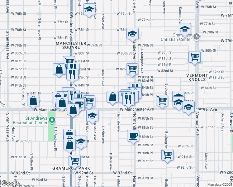 map of restaurants, bars, coffee shops, grocery stores, and more near 1526 West 84th Place in Los Angeles
