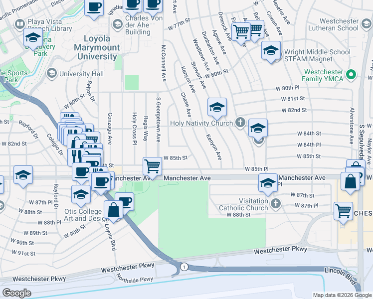 map of restaurants, bars, coffee shops, grocery stores, and more near 6921 West 85th Street in Los Angeles