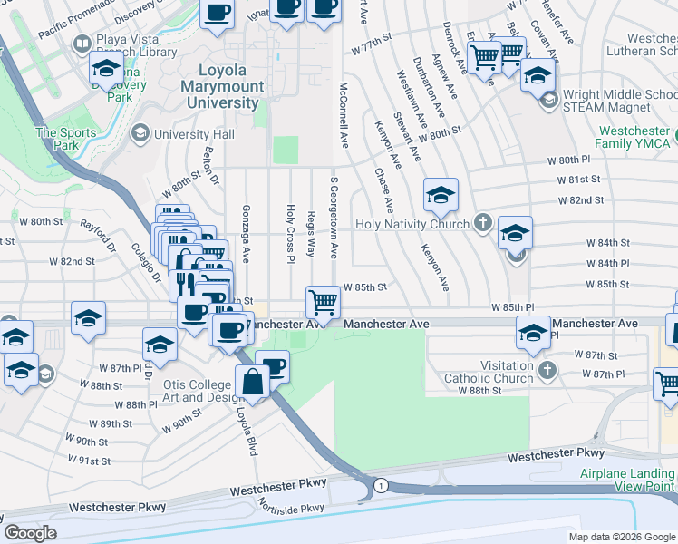 map of restaurants, bars, coffee shops, grocery stores, and more near 6967 West 85th Street in Los Angeles