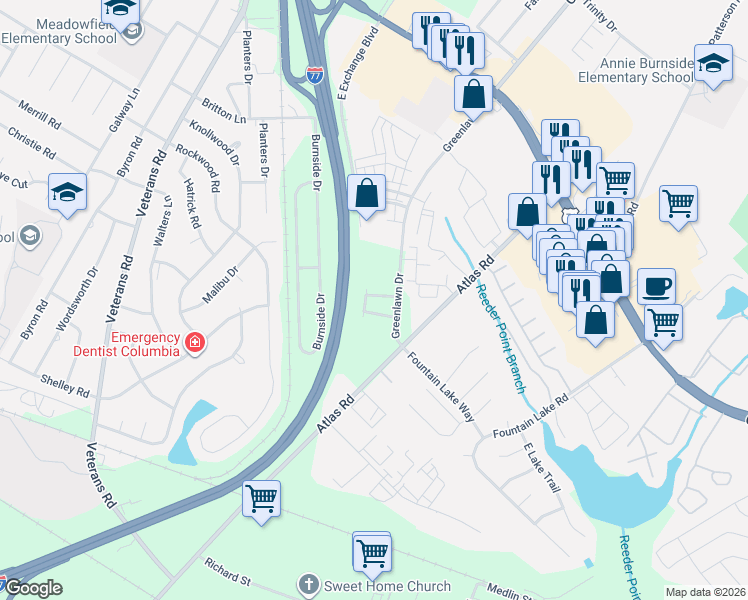map of restaurants, bars, coffee shops, grocery stores, and more near 128 Hamlet Park Drive in Columbia