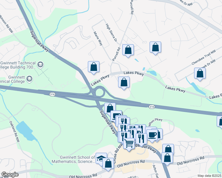 map of restaurants, bars, coffee shops, grocery stores, and more near 1760 Lakes Parkway in Lawrenceville
