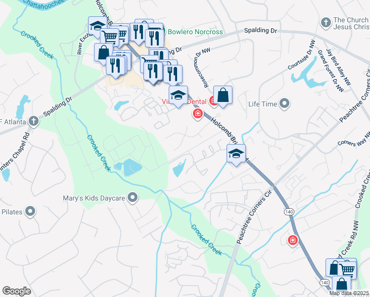 map of restaurants, bars, coffee shops, grocery stores, and more near 3827 Moran Way in Norcross