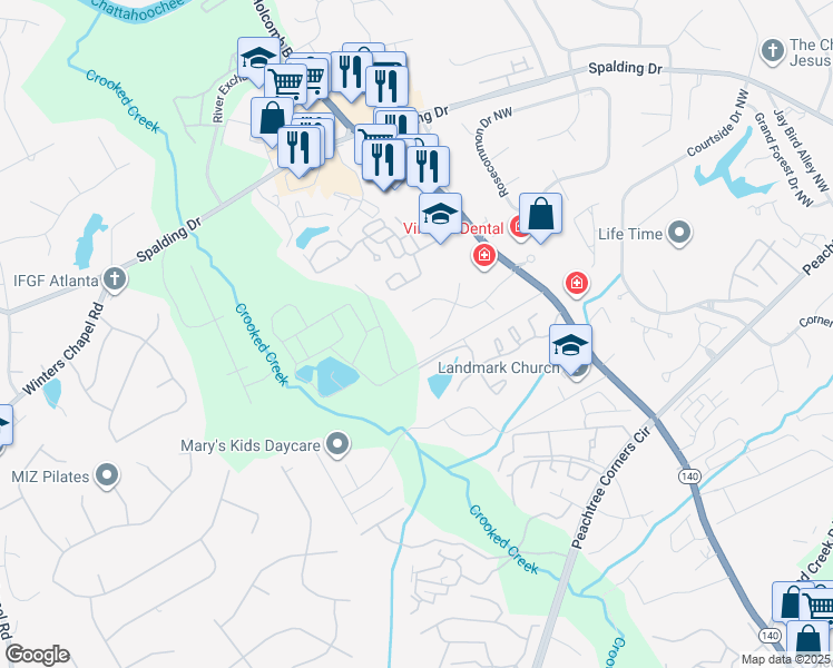 map of restaurants, bars, coffee shops, grocery stores, and more near 3816 Moran Way in Norcross